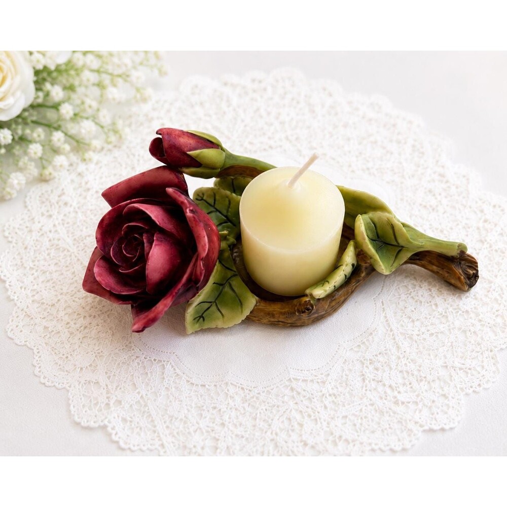 Vintage Ceramic Rose Candle Holder | Hand-Painted Floral Candleholder | Romantic